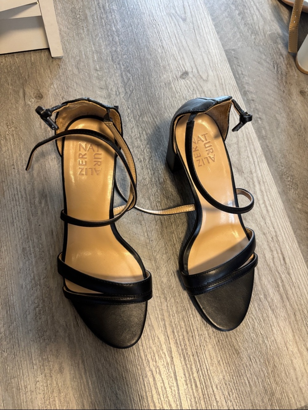 Naturalizer Black Leather Ankle-Strap Block Heel Sandals - Picture 2 of 3